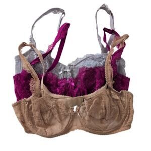 Journelle‎ 34D Bra 3 Piece Set - Lace Underwire Bow Detail Balconette, Nude Pink